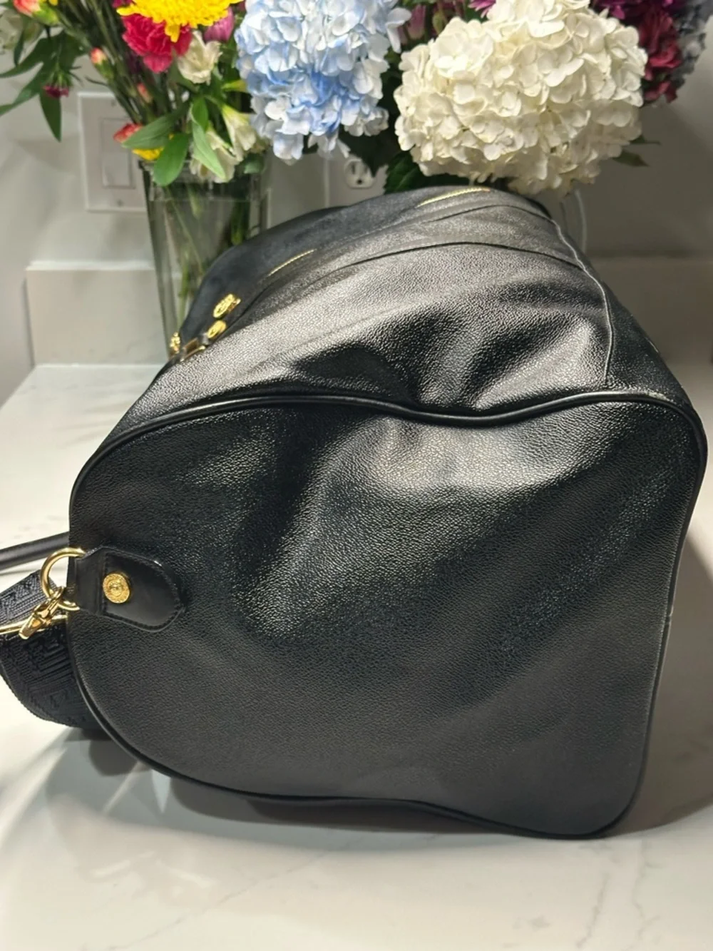 Versace Unisex Black Leather Duffel with Gold Medallion